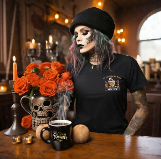 La Bruja No Cafecito No Magic T-Shirt | Coffee Witch Skeleton Tee Tarot Style