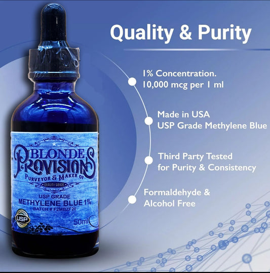 Blonde Provisions Methylene Blue Drops – Cognitive & Mitochondrial Support | Pharmaceutical-Grade Solution