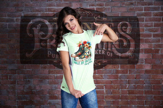 Walk by Faith Religious T-shirt with cross back