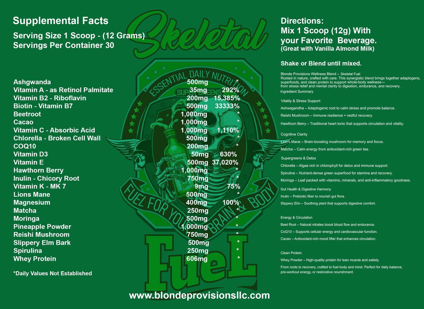 Blonde Provisions Wellness Blend –Skeletal Fuel - Adaptogenic Superfood Formula for Mind & Body