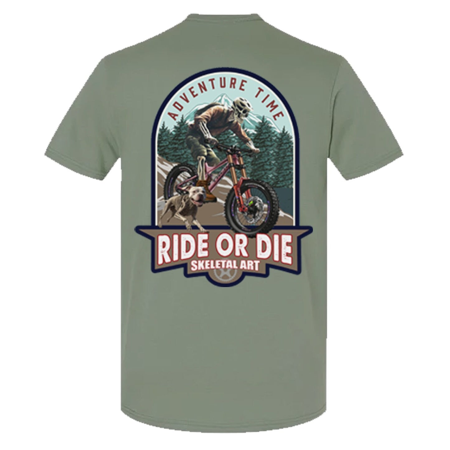Skeleton skull Ride or Die Mountain biking Trek with companion dog