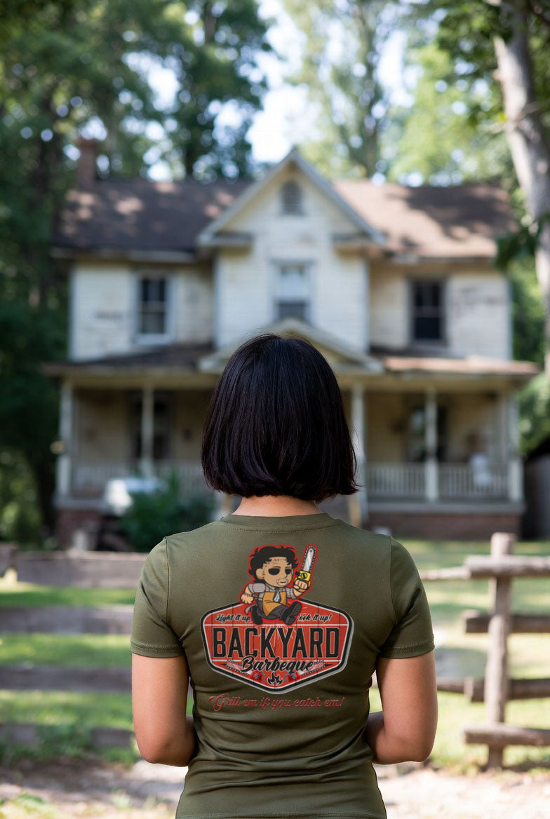 Backyard Chainsaw Barbeque – Blonde Provisions Soft Style Tee | Grill 'Em If You Catch 'Em (Black or Army Green)