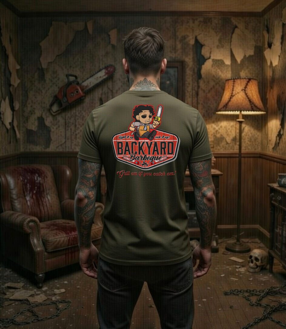Backyard Chainsaw Barbeque – Blonde Provisions Soft Style Tee | Grill 'Em If You Catch 'Em (Black or Army Green)