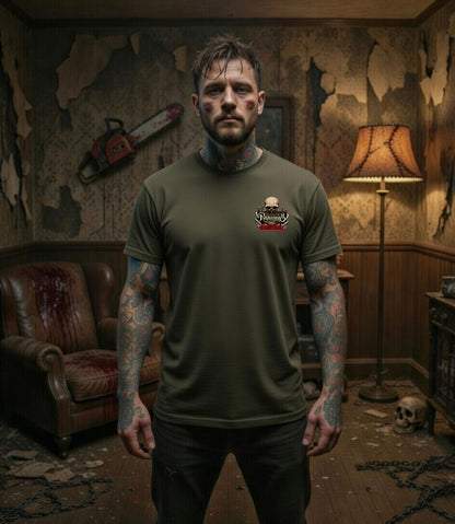 Backyard Chainsaw Barbeque – Blonde Provisions Soft Style Tee | Grill 'Em If You Catch 'Em (Black or Army Green)