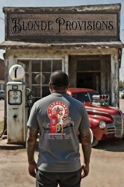 Blonde Provisions Fill 'Er Up Pin-Up Girl T-Shirt - Vintage Biker Hot Rod Tee