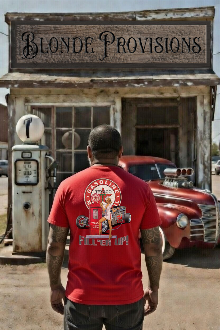 Blonde Provisions Fill 'Er Up Pin-Up Girl T-Shirt - Vintage Biker Hot Rod Tee