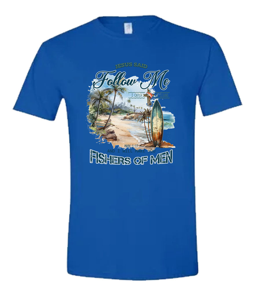 Fishers of men religious DTG printed t-shirt with beach scene