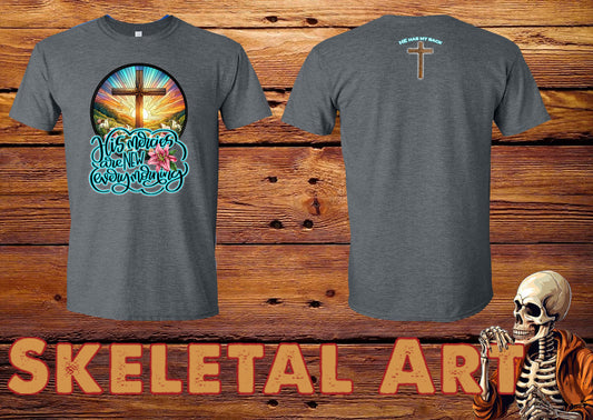 His Mercies are new every morning religious style t-shirt with cross back on DTG printed softstyle t-shirt