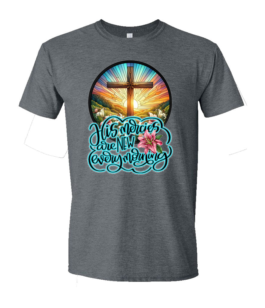 His Mercies are new every morning religious style t-shirt with cross back on DTG printed softstyle t-shirt