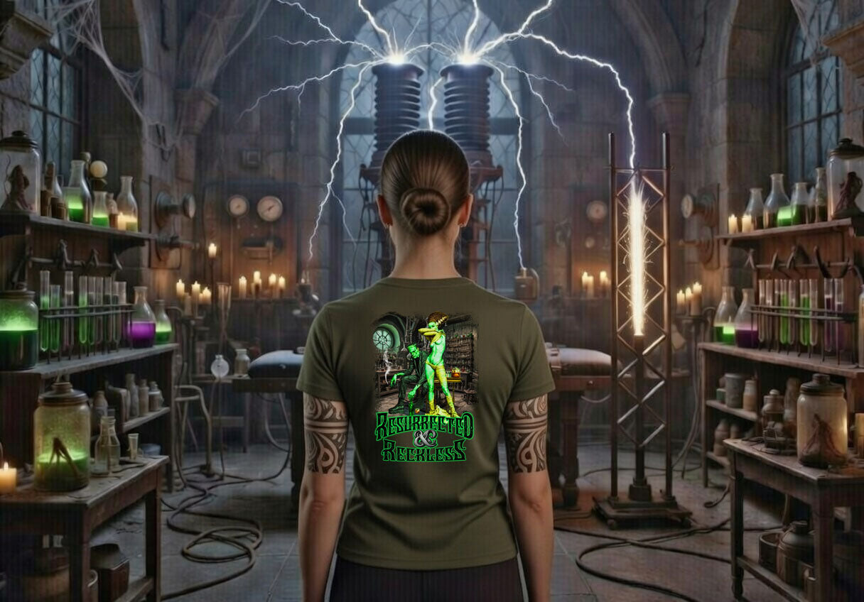 Resurrected & Reckless Tee | Blonde Provisions Soft Style | Frankenstein Mad Scientist Design – Black or Army Green