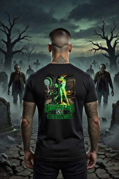 Resurrected & Reckless Tee | Blonde Provisions Soft Style | Frankenstein Mad Scientist Design – Black or Army Green