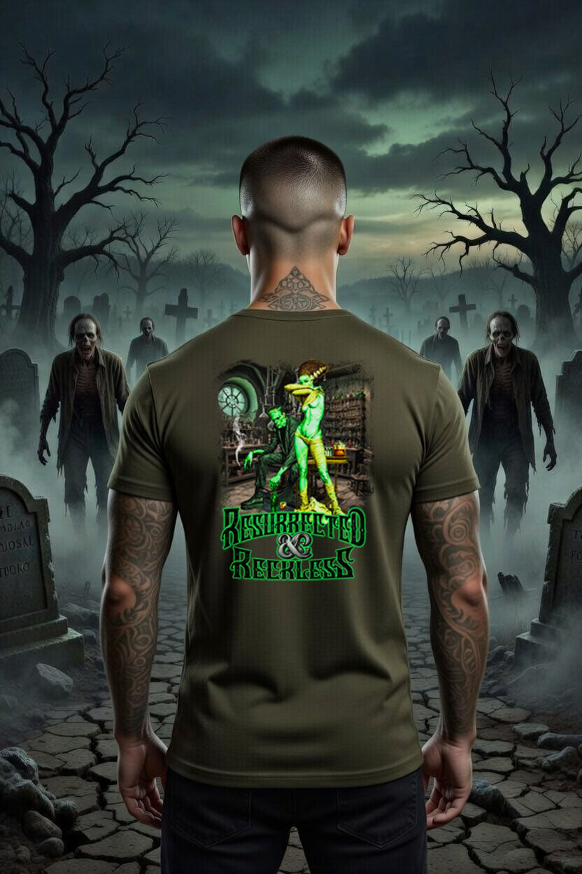 Resurrected & Reckless Tee | Blonde Provisions Soft Style | Frankenstein Mad Scientist Design – Black or Army Green