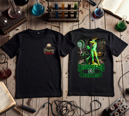 Resurrected & Reckless Tee | Blonde Provisions Soft Style | Frankenstein Mad Scientist Design – Black or Army Green