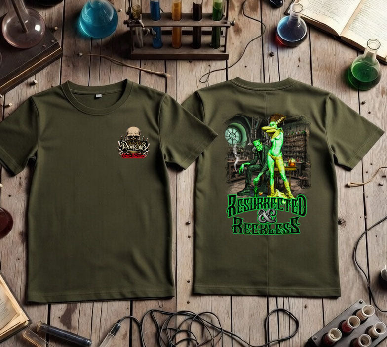 Resurrected & Reckless Tee | Blonde Provisions Soft Style | Frankenstein Mad Scientist Design – Black or Army Green