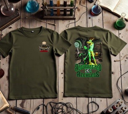 Resurrected & Reckless Tee | Blonde Provisions Soft Style | Frankenstein Mad Scientist Design – Black or Army Green