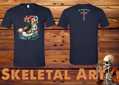Walk by Faith Religious T-shirt with cross back