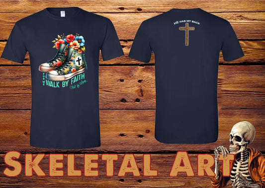 Walk by Faith Religious T-shirt with cross back