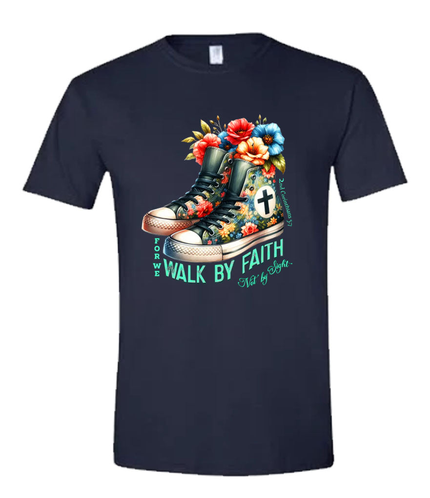 Walk by Faith Religious T-shirt with cross back
