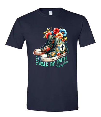 Walk by Faith Religious T-shirt with cross back