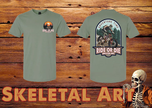 Skeleton skull Ride or Die Mountain biking Trek with companion dog