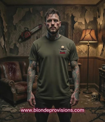 Backyard Chainsaw Barbeque – Blonde Provisions Soft Style Tee | Grill 'Em If You Catch 'Em (Black or Army Green)