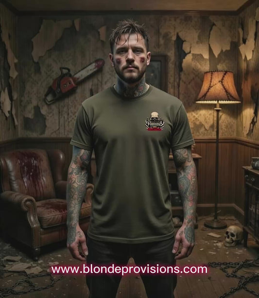 Backyard Chainsaw Barbeque – Blonde Provisions Soft Style Tee | Grill 'Em If You Catch 'Em (Black or Army Green)